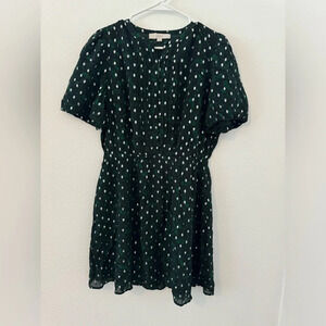 Loft Metallic Clip Pintucked Flare Dress Dark Green Silver NWT Size Medium